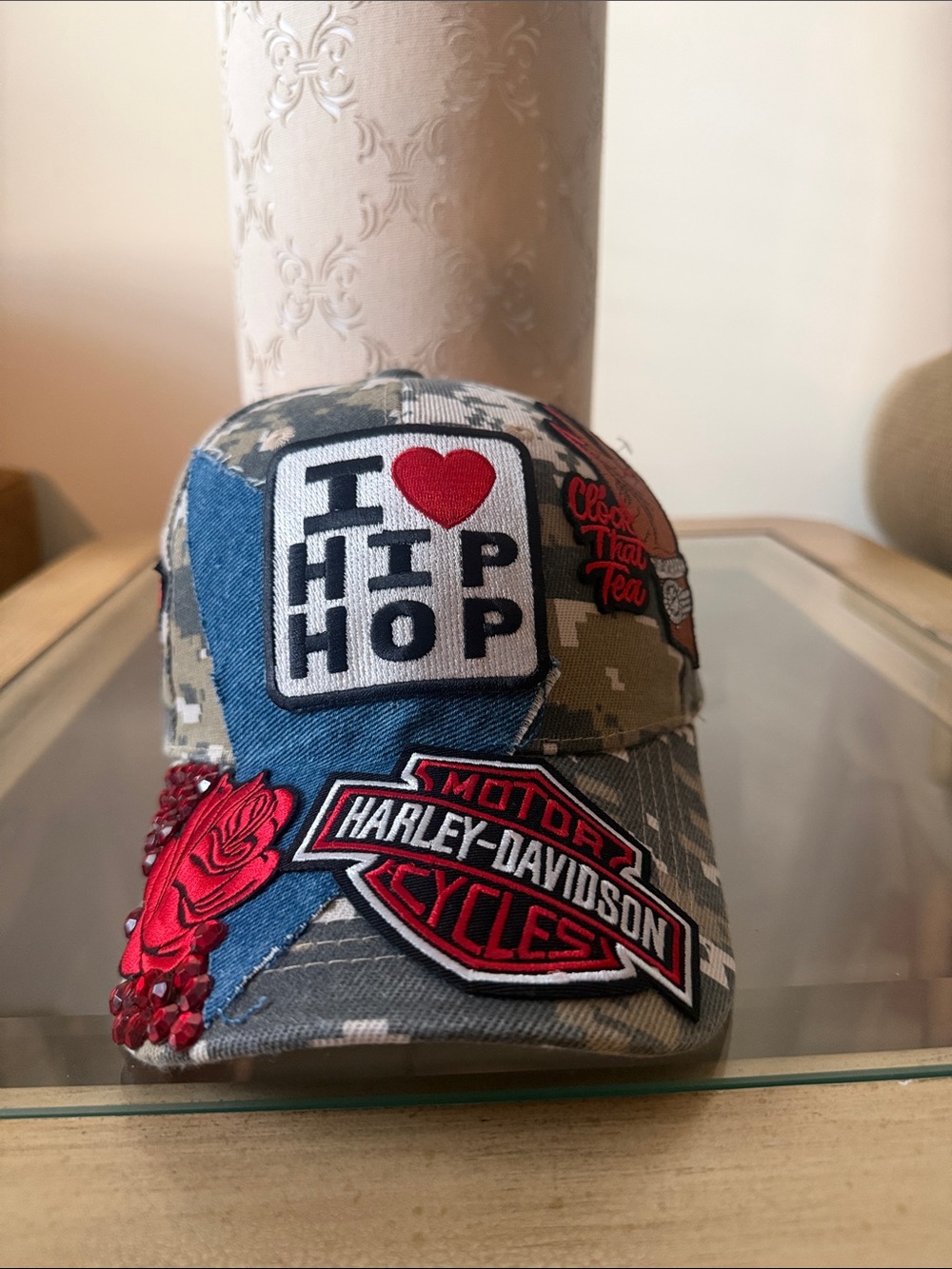 Women Camo Cap with Blue Panel & Red Accents